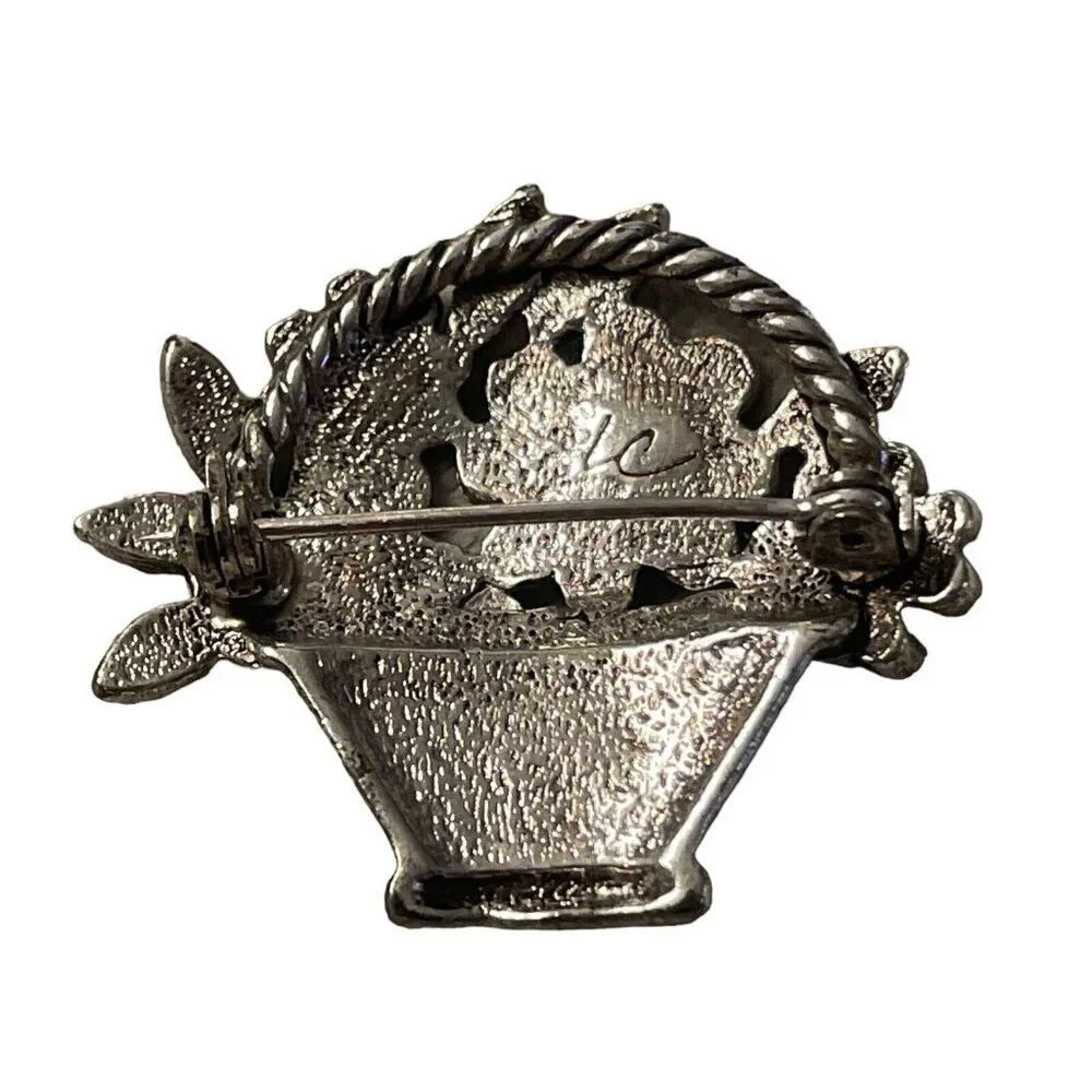 Liz Claiborne Shimmer Enamel Flower Basket Brooch w/‎ AB Rhinestones Silver Tone